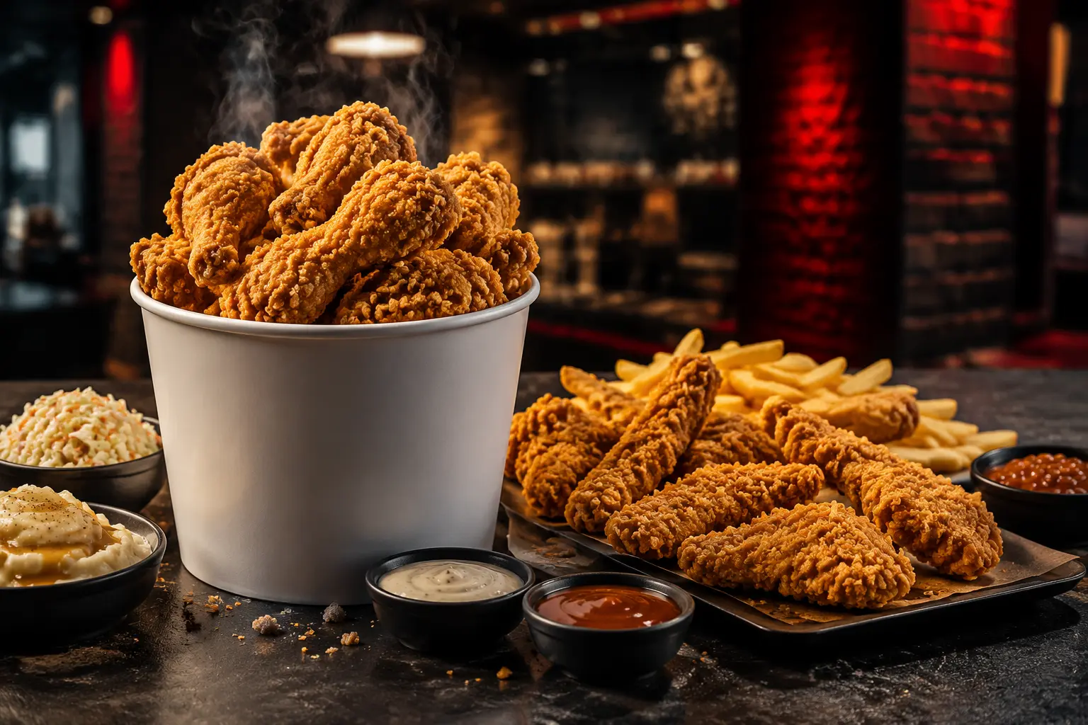 Mesa ilustrativa com frango frito, balde e acompanhamentos